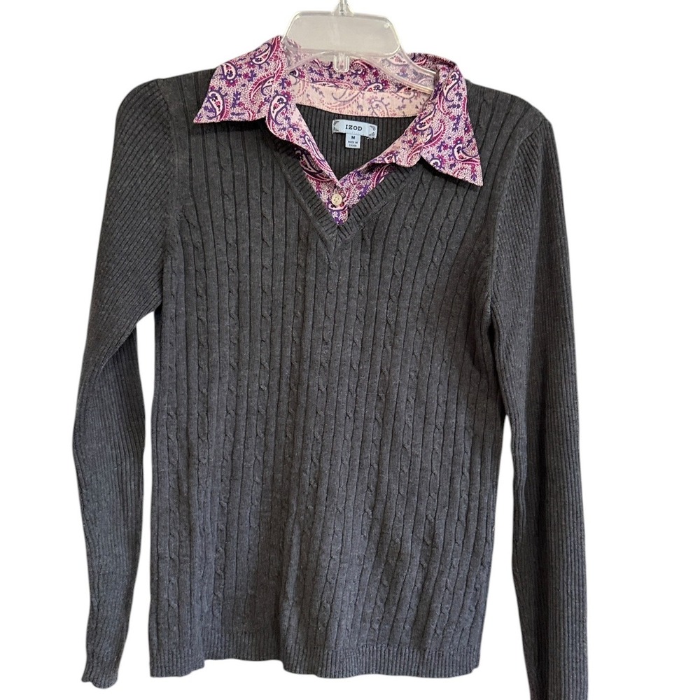 IZOD Womens Grey Cable Knit Layered Look Sweater Purple Paisley Collar Size M
